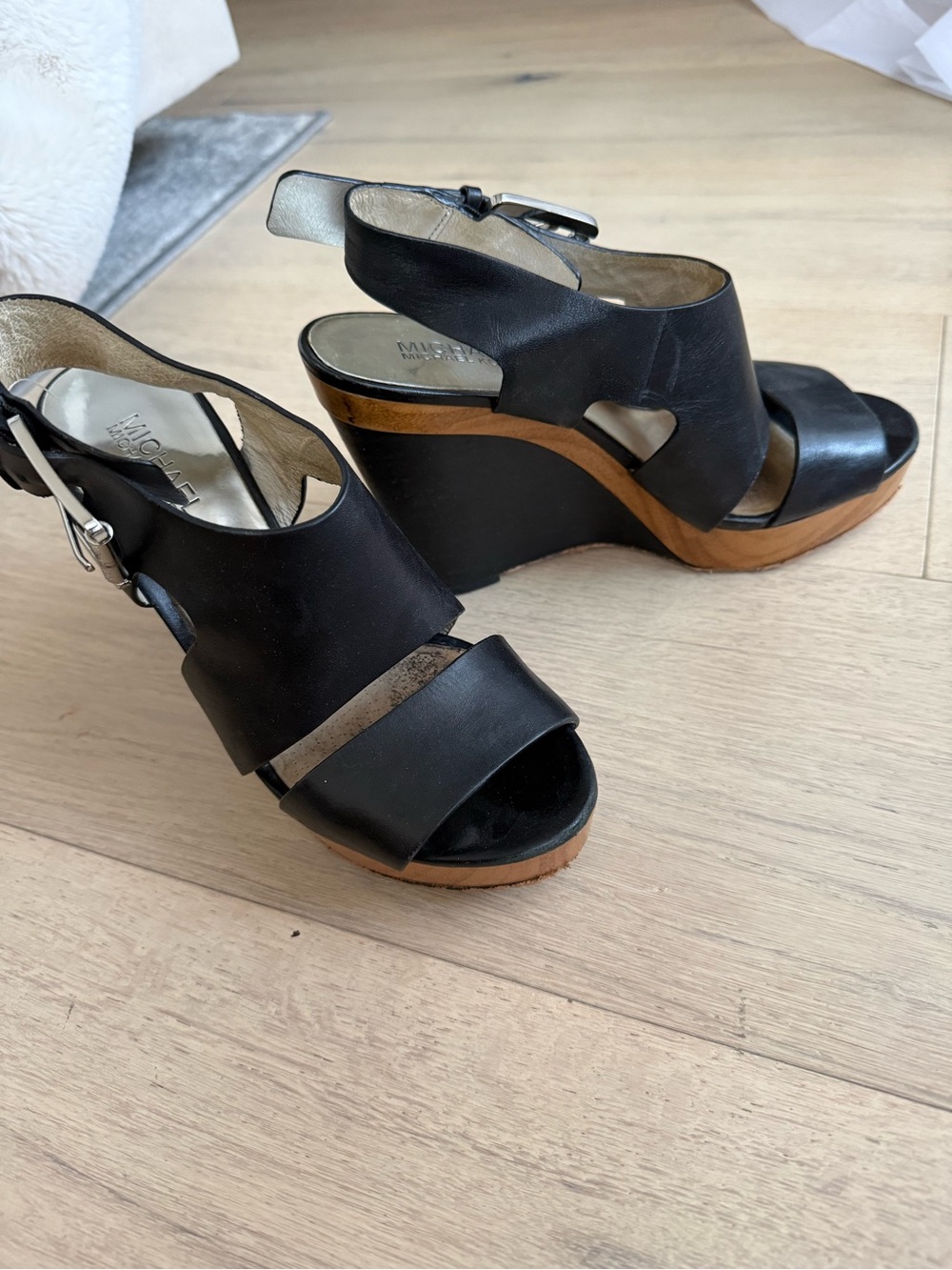 Michael Kors Black Leather Wedge Sandals with Wood accent Platform